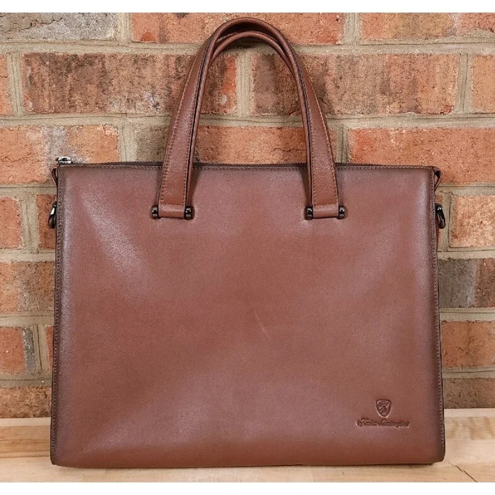 Tonino Lamborghini Brown Leather Bag Attache 14 Inch Made in Italy